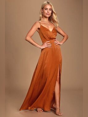 Lulu's Constantine Rust Orange Satin Maxi Dress
